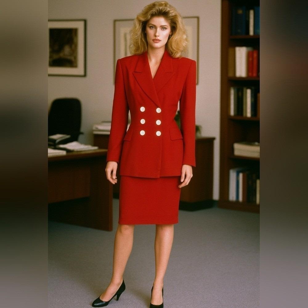 Halston Vintage Red Skirt Suit Set Double Breasted Blazer Pencil Skirt Size 10